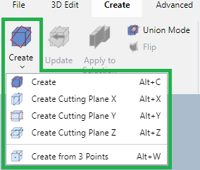 Create menu in the Cutting Planes Panel on the Create Ribbon Tab in 3D Edit Mode