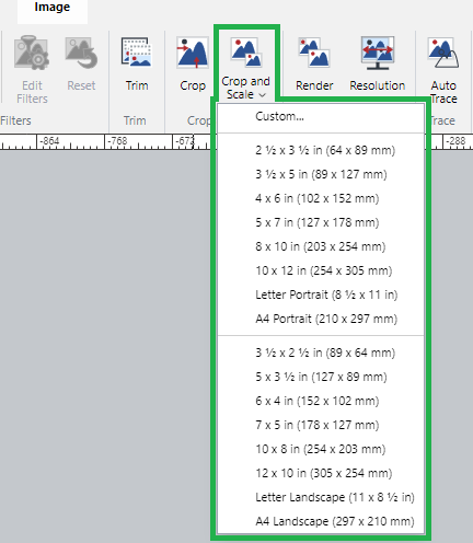 Crop and Scale Menu Button in the Crop and Scale Panel on the Image Ribbon Tab