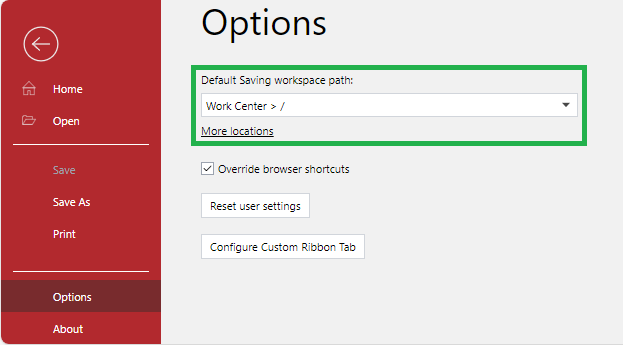 Default Saving workspace path Field on the Open Screen