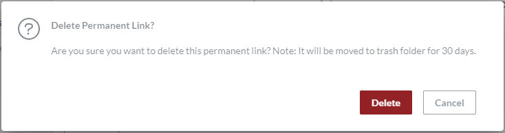 Delete Permanent Link Pop-up Dialog