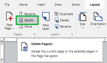 Delete Button on the Pages Panel of the Layout Ribbon Tab