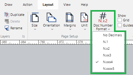 Doc Number Format Menu on the Page Setup Panel of the Layout Ribbon Tab