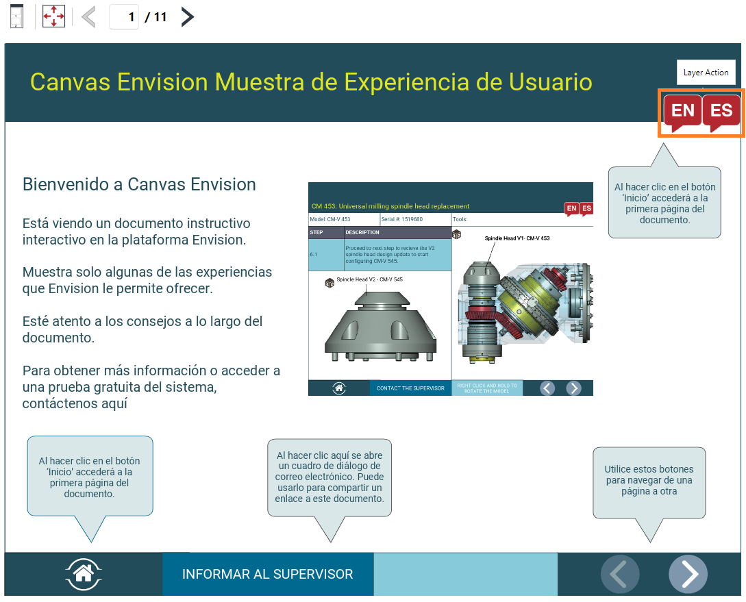 EN and ES Custom Buttons with Layer Actions on a Page in the Viewer