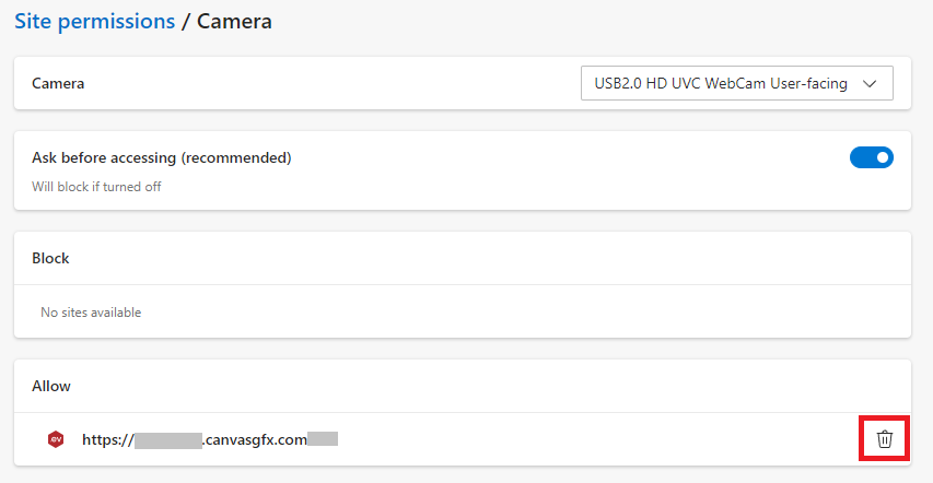 Edge Camera Site Permissions for Canvas Envision Portal