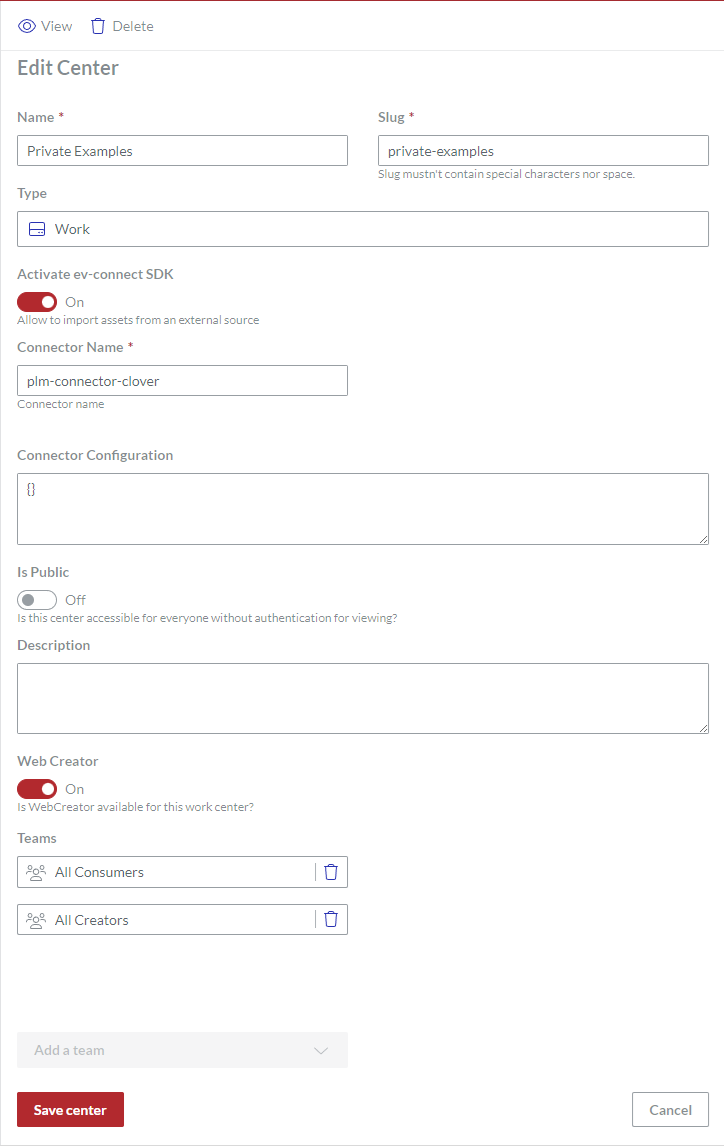 Edit Center Page for the Private Examples Work Center
