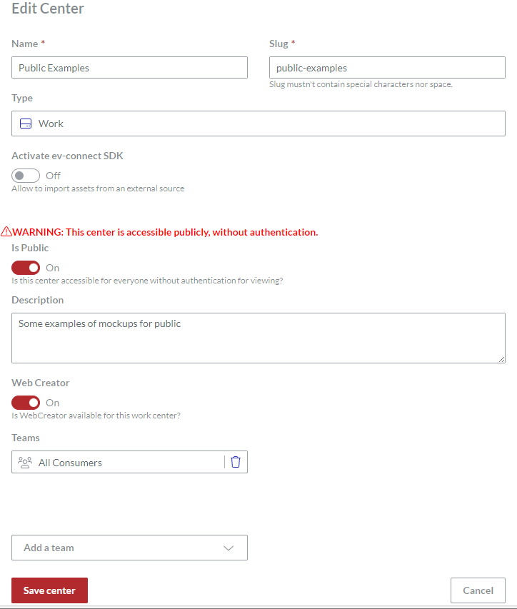 Updated Private Examples Work Center on the Edit Center Page