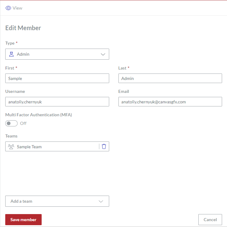 Edit Member Page for the Sample Admin