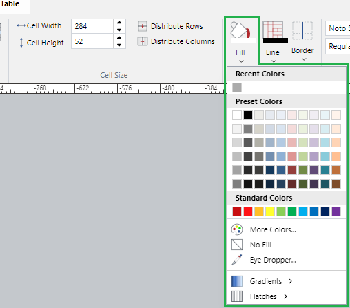 Fill Drop-down Menu in the Fill and Border Panel on the Table Ribbon Tab