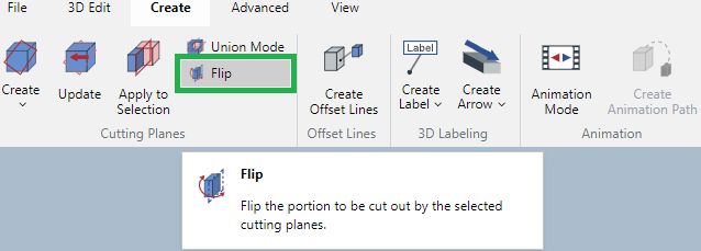 Flip button in the Cutting Planes Panel on the Create Ribbon Tab in 3D Edit Mode