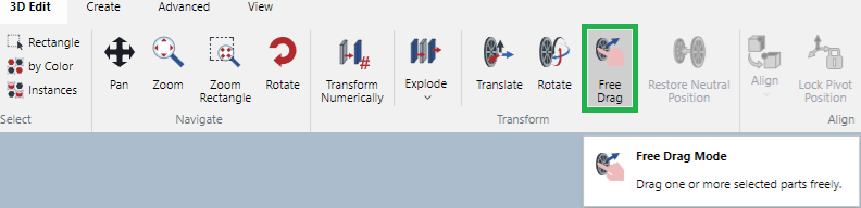 Free Drag button in the Transform Panel on the 3D Edit Ribbon Tab in 3D Edit Mode