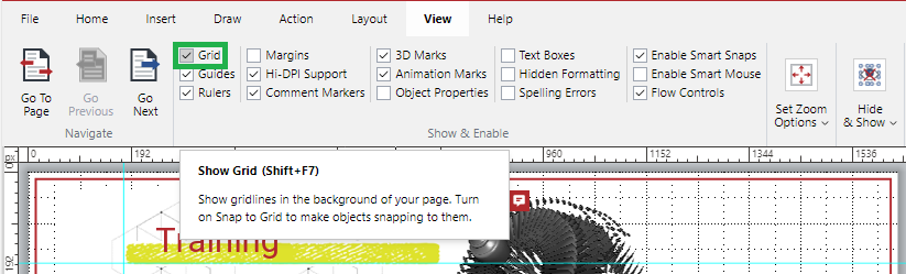 Grid checkbox in the Show and Enable Panel on the View Ribbon tab