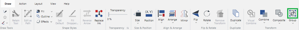 Group Split Button in the Transform Panel on the Draw Ribbon Tab