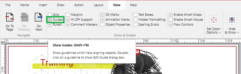 Guides checkbox in the Show and Enable Panel on the View Ribbon tab