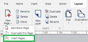 Insert Pages Command from the New Page Split Button on the Pages panel of the Layout ribbon tab