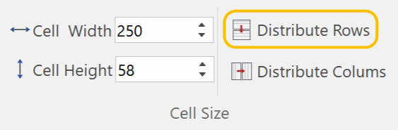 Distribute Rows Button in the Cell Size Panel on the Table Ribbon Tab