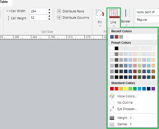 Line Drop-down Menu in the Fill and Border Panel on the Table Ribbon Tab