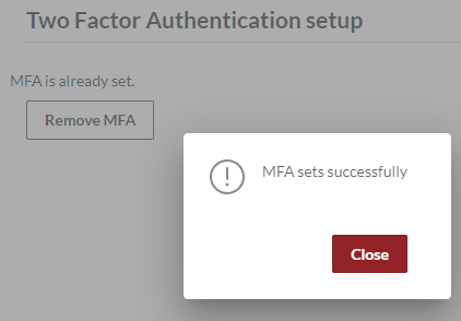 MFA sets successfully Pop-up Dialog