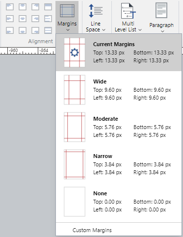 Margins Drop-down Menu in the Alignment Panel on the Text Ribbon Tab