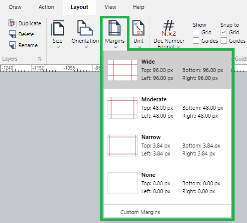 Margins Menu on the Page Setup Panel of the Layout Ribbon Tab