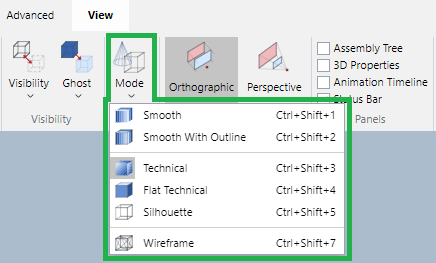 Mode menu in the Render panel on the View ribbon tab in 3D edit mode