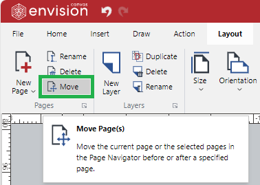 Move Button on the Pages Panel of the Layout Ribbon Tab