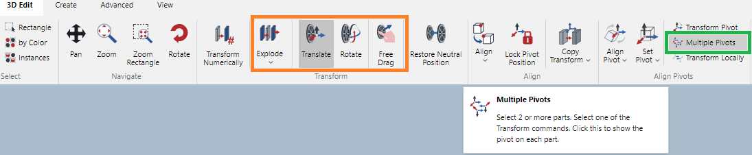 Multiple Pivots button in the Align Pivots Panel on the 3D Edit Ribbon Tab in 3D Edit Mode