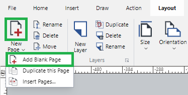 New Page Split Button on the Pages Panel of the Layout Ribbon Tab