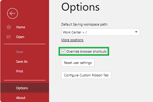 Override browser shortcuts checkbox