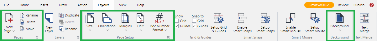 Pages, Page Setup, and Background panels of the Layout ribbon tab
