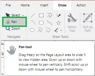 Pan tool in the Navigate Panel on the Draw Ribbon Tab