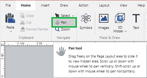 Pan tool in the Navigate Panel on the Home Ribbon Tab