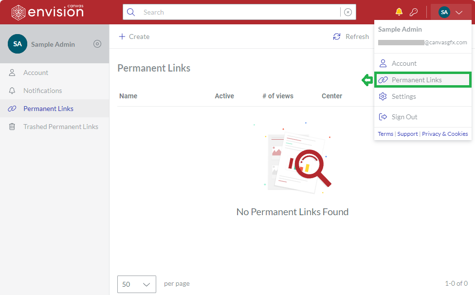 Permanent Links User menu button