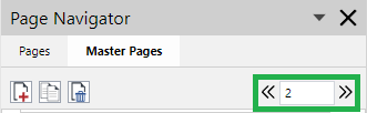 Previous Page and Next Page Buttons and Page Number Field on the Master Pages Tab of the Page Navigator Toolbar