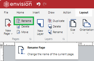 Rename Button on the Pages Panel of the Layout Ribbon Tab