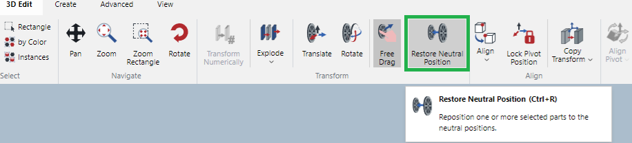 Restore Neutral Position button in the Transform Panel on the 3D Edit Ribbon Tab in 3D Edit Mode