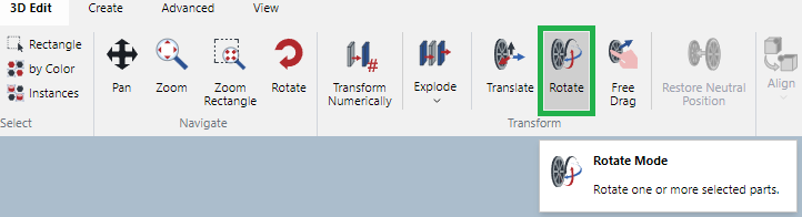 Rotate button in the Transform Panel on the 3D Edit Ribbon Tab in 3D Edit Mode