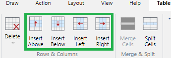 Rows and Columns Panel on the Table Ribbon Tab