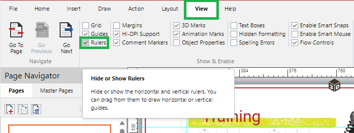 Rulers checkbox in the Show and Enable Panel on the View Ribbon tab Rulers checkbox in the Show and Enable Panel on the View Ribbon tab