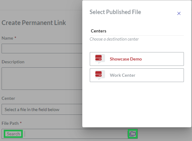 Select Published File Pop-up Dialog