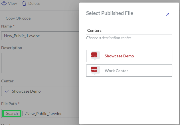 Select Published File Pop-up Dialog for Changing the Shared Document