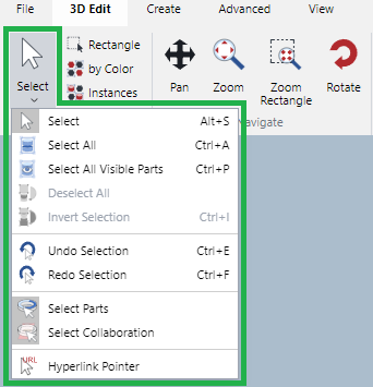 Select split button menu in the Select Panel on the 3D Edit Ribbon Tab in 3D Edit Mode