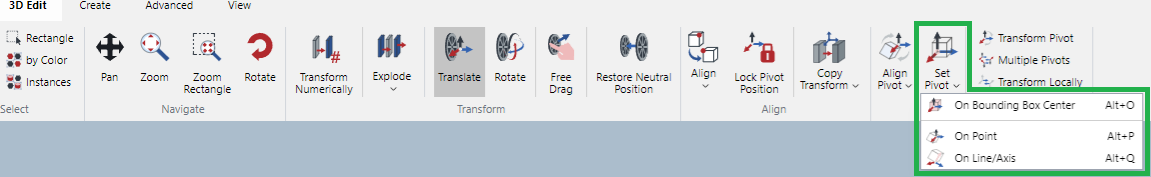 Set Pivot menu in the Align Pivots Panel on the 3D Edit Ribbon Tab in 3D Edit Mode