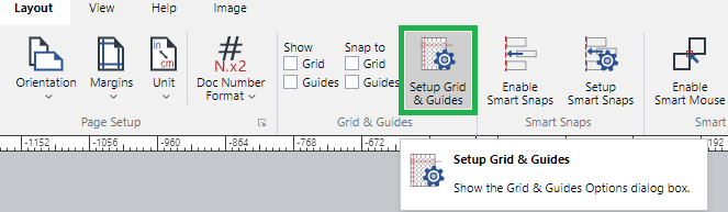 Set Up Grid and Guides button in the Grid and Guides Panel on the Layout Ribbon Tab