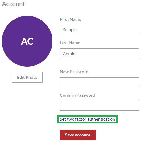 Set Two Factor Authentication Link