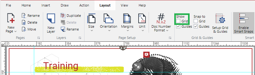 Show Grid checkbox in the Grid and Guides Panel on the View Ribbon tab