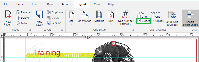 Show Guides checkbox in the Grid and Guides Panel on the View Ribbon tab