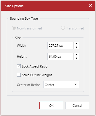 Size Options Pop-up Dialog