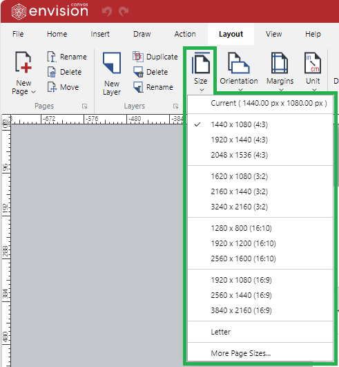 Size Menu on the Page Setup Panel of the Layout Ribbon Tab