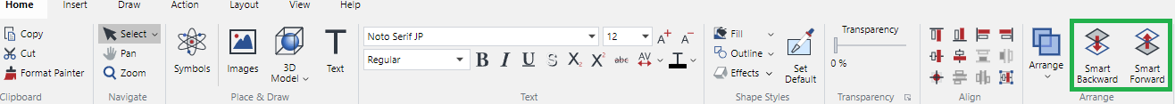 Smart Forward and Smart Backward Buttons in the Arrange Panel on the Home Ribbon Tab