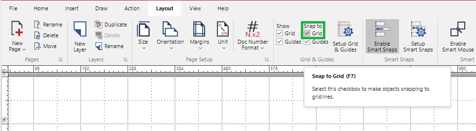 Snap to Grid checkbox in the Grid and Guides Panel on the View Ribbon tab